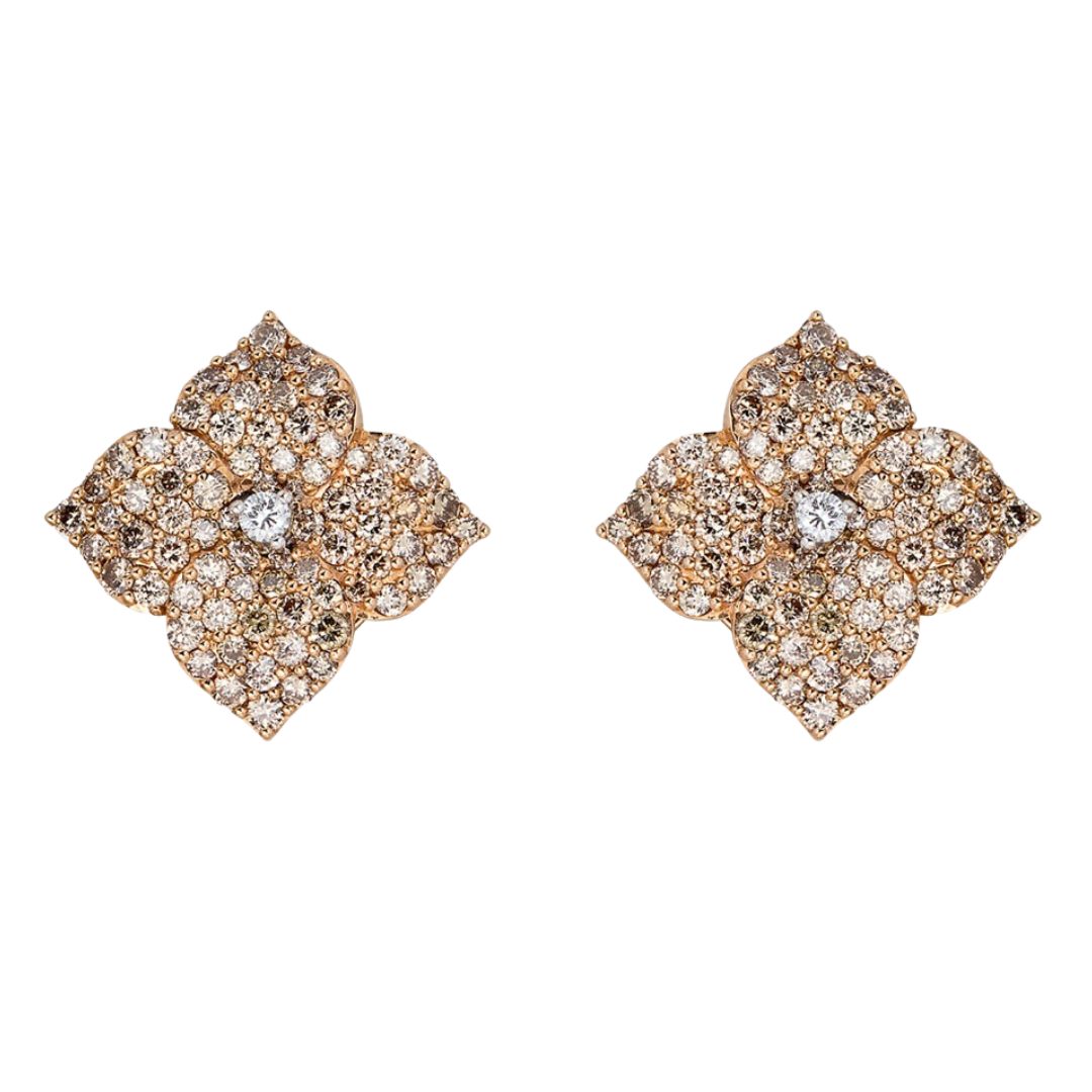 Rose Gold Fiore Large Flower Earrings - Champagne Diamond