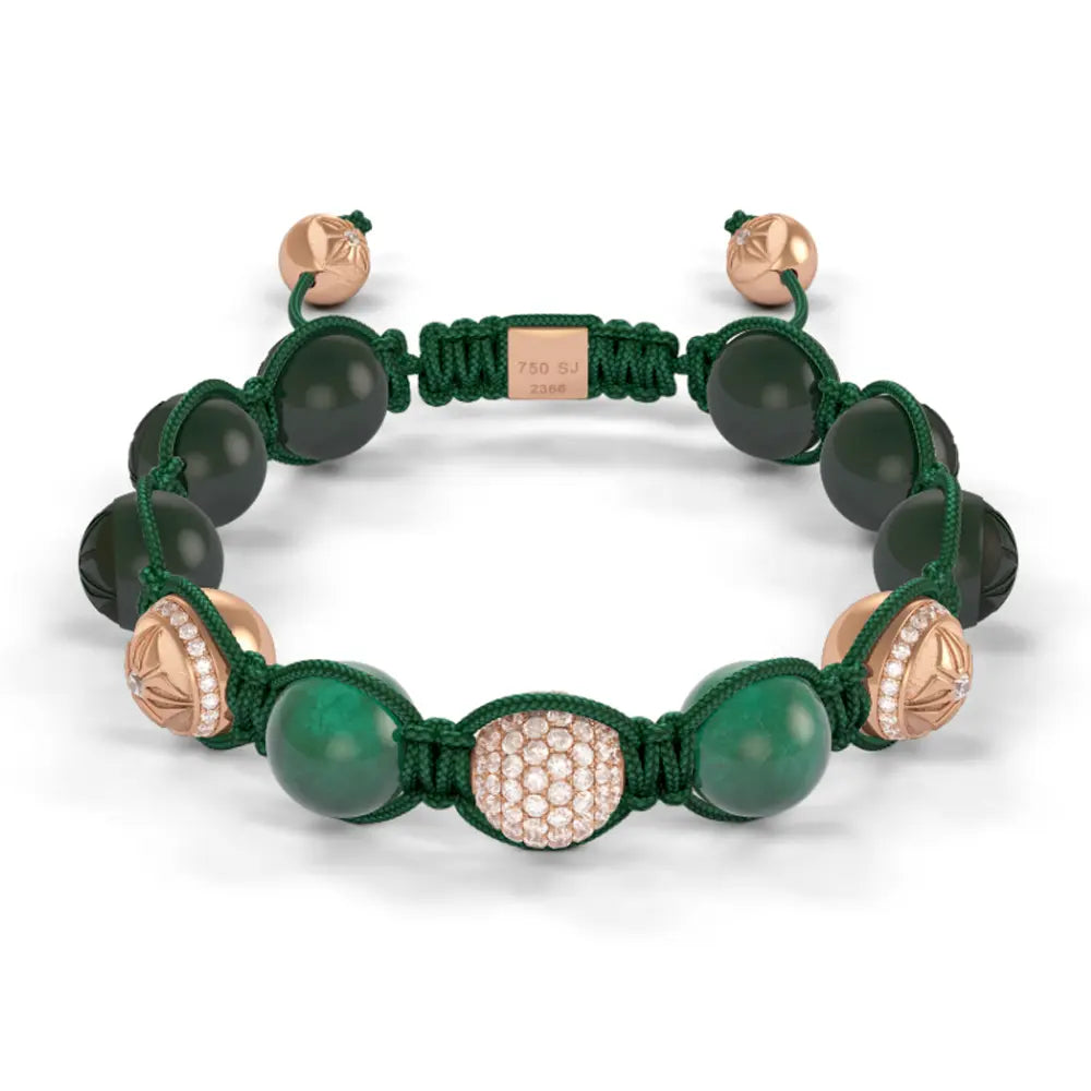 Rose Gold Pave Diamond, Emerald & Ceramic 10mm Bead Braided Bracelet