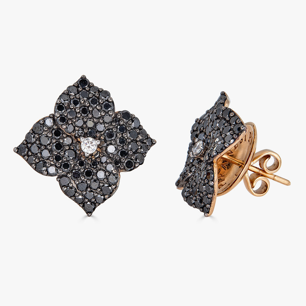 Rose Gold Fiore Large Flower Earrings - Black Diamond