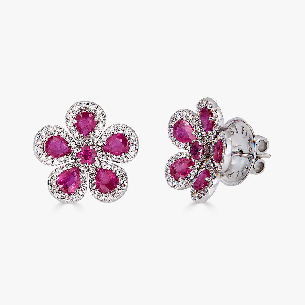 White Gold Classic Flower Earrings - Ruby