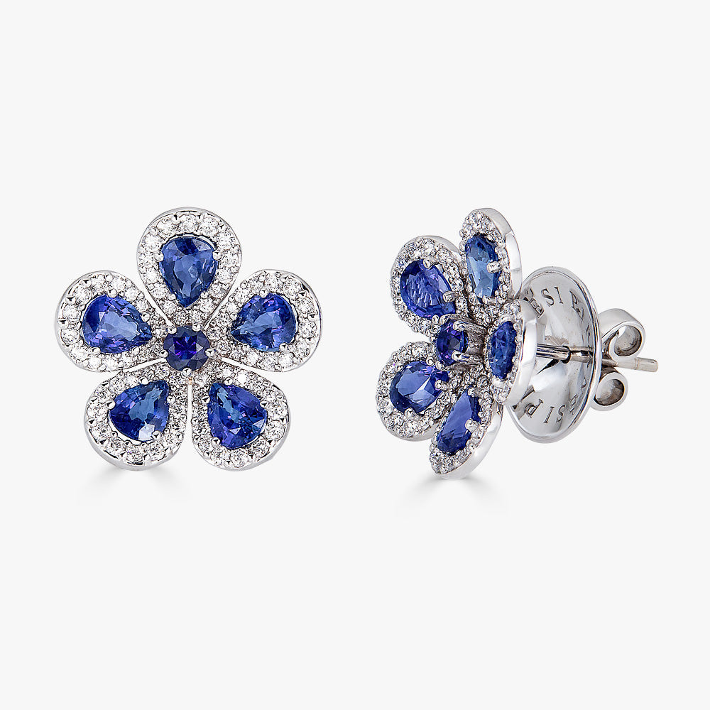 White Gold Classic Flower Earrings - Blue Sapphire