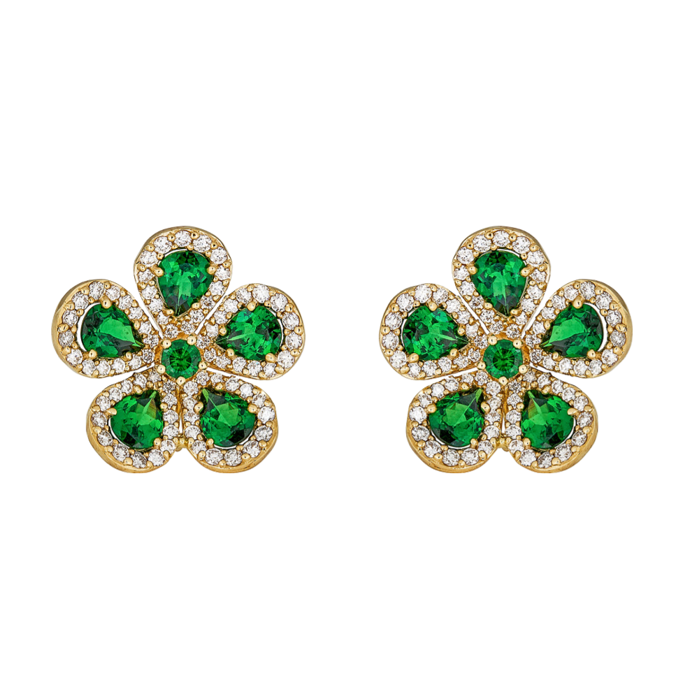 Yellow Gold Classic Flower Earrings - Tsavorite