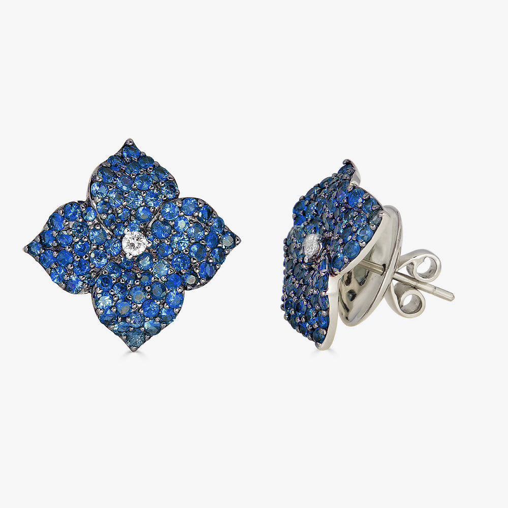 Rose Gold Fiore Large Flower Earrings - Blue Sapphire