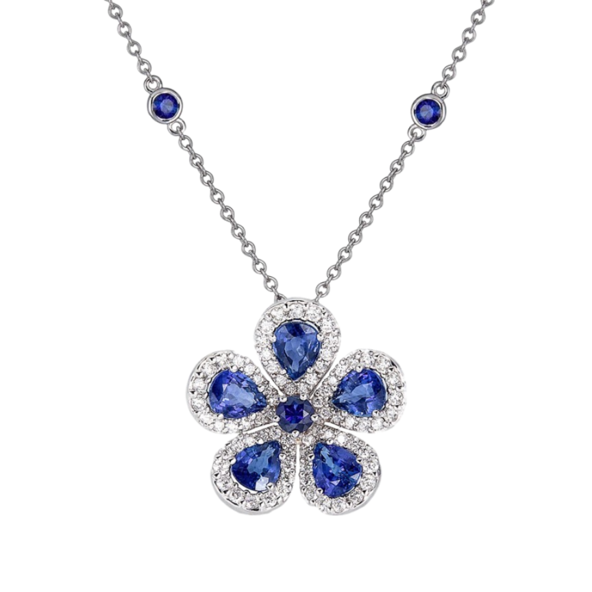 White Gold Classic Flower Large Necklace - Blue Sapphire