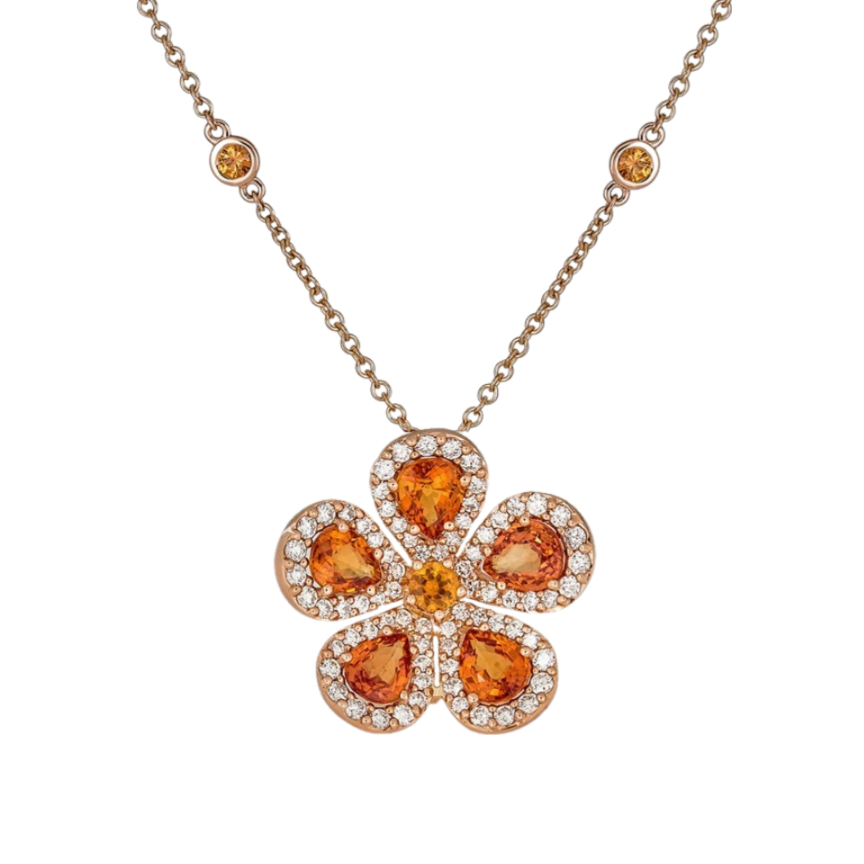 Rose Gold Classic Flower Large Necklace - Orange Sapphire