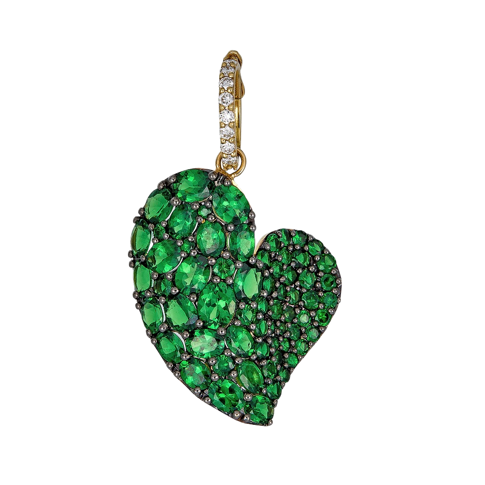 Yellow Gold Wave Heart Large Pendant - Tsavorite