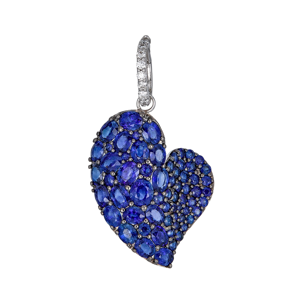 White Gold Wave Heart Large Pendant - Blue Sapphire