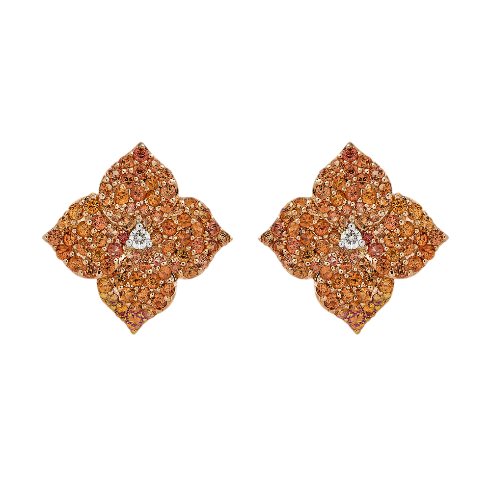 Rose Gold Fiore Large Flower Earrings - Orange Sapphire