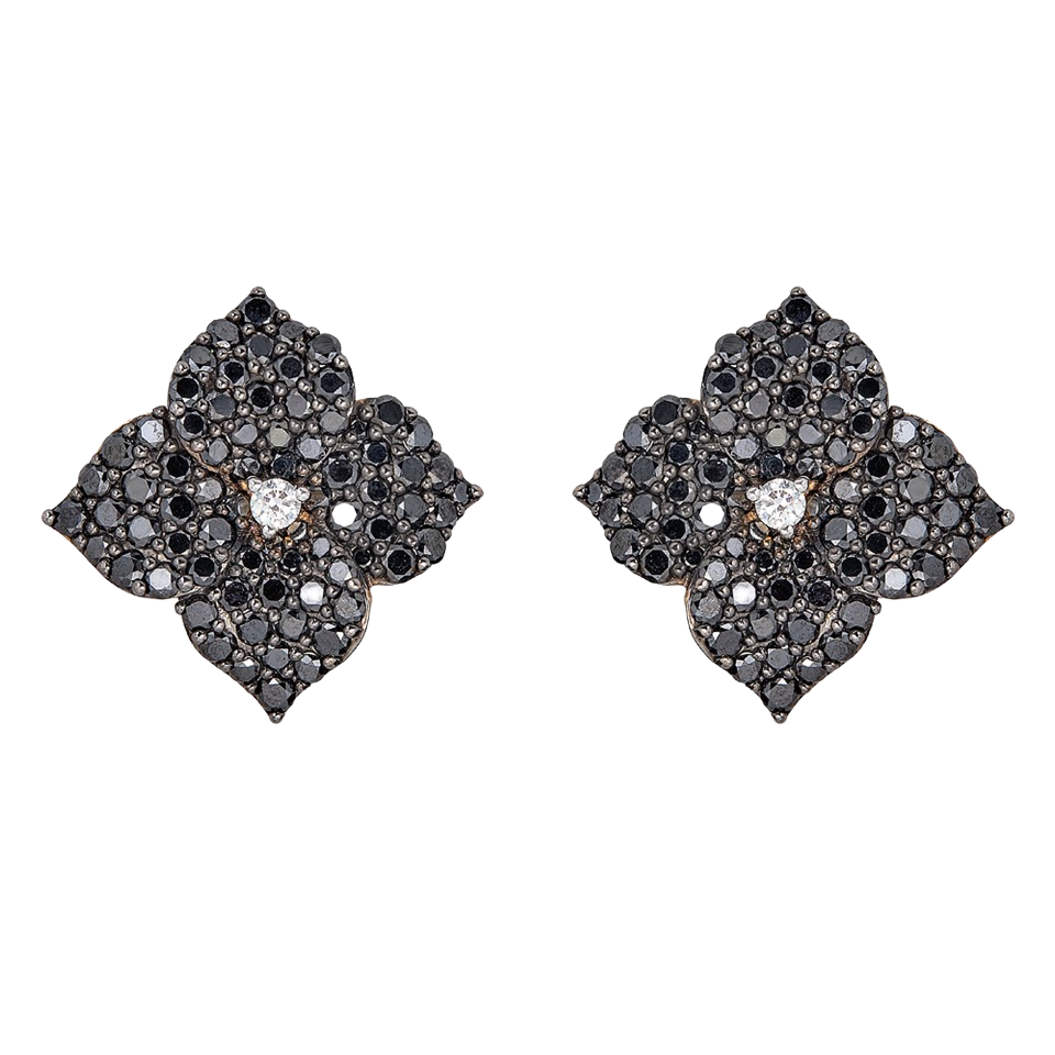 Rose Gold Fiore Large Flower Earrings - Black Diamond