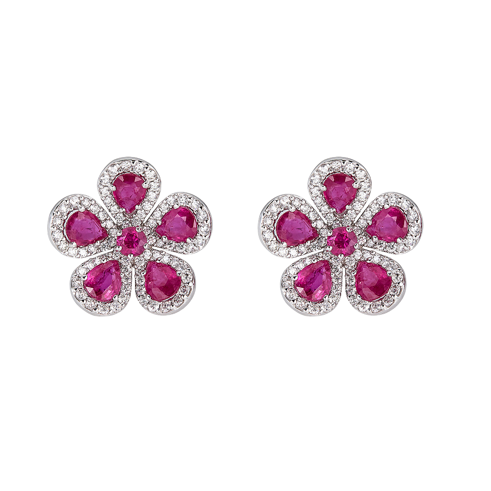 White Gold Classic Flower Earrings - Ruby