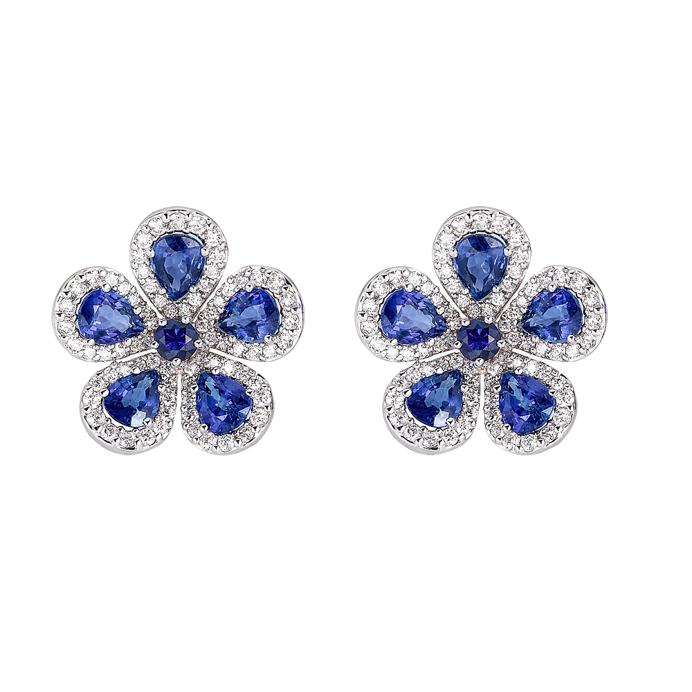 White Gold Classic Flower Earrings - Blue Sapphire
