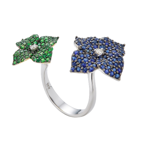 White Gold Fiore Double Flower Ring - Blue Sapphire