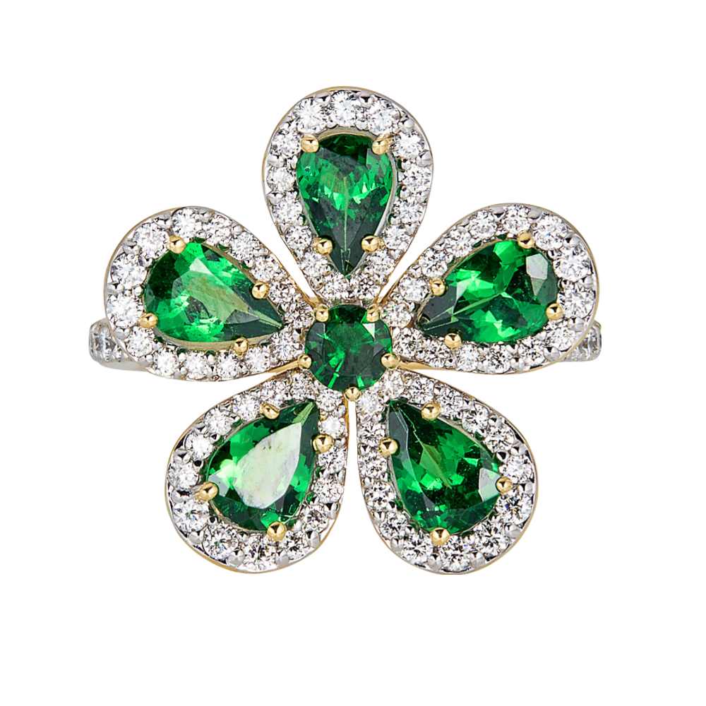 Yellow Gold Classic Flower Ring - Tsavorite