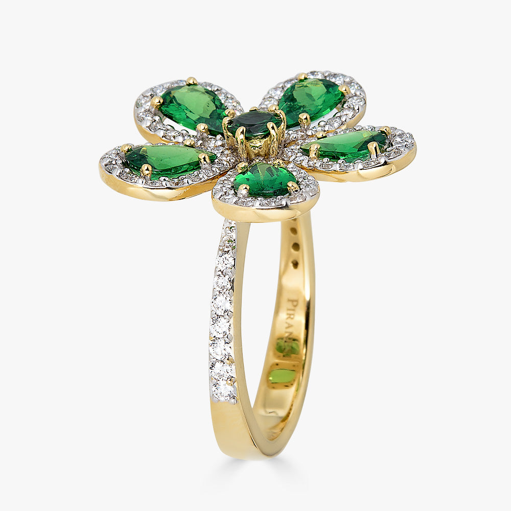 Yellow Gold Classic Flower Ring - Tsavorite