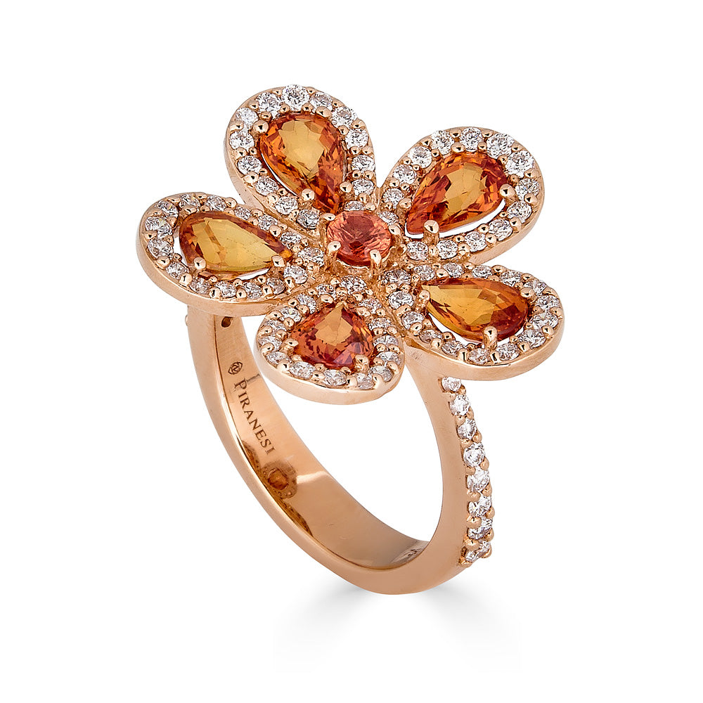 Rose Gold Classic Flower Ring - Orange Sapphire