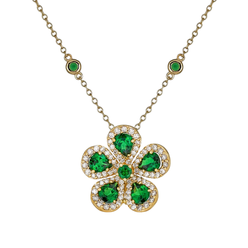 Yellow Gold Classic Flower Large Necklace - Tsavorite