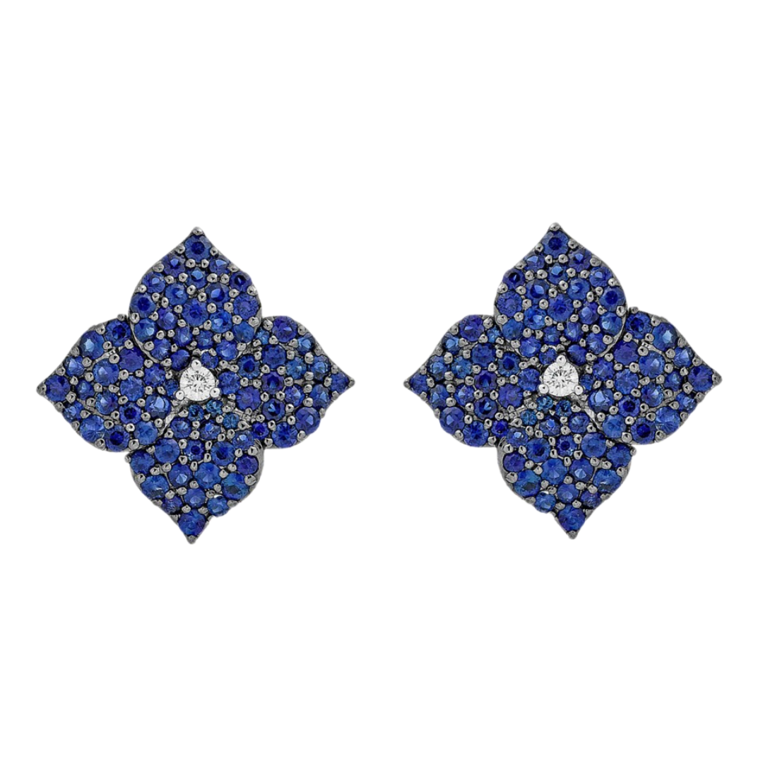 Rose Gold Fiore Large Flower Earrings - Blue Sapphire