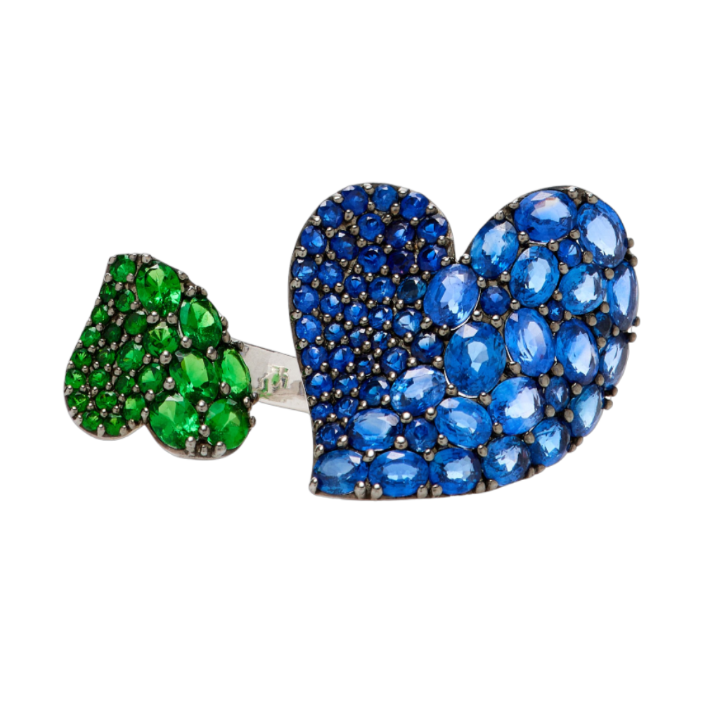White Gold Wave Heart Double Ring - Blue Sapphire