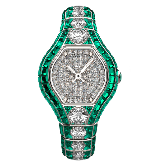 City Glamour Emerald & Diamond Center White Gold Watch