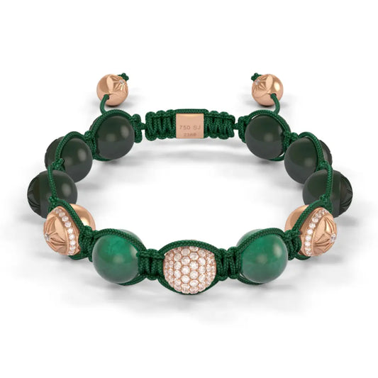 Rose Gold Pave Diamond, Emerald & Ceramic 10mm Bead Braided Bracelet