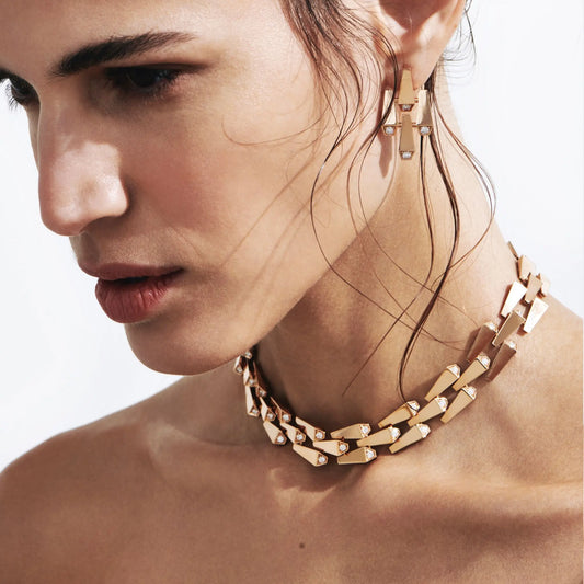 Spike 3 Row Light Pave Diamond Necklace - Yellow Gold