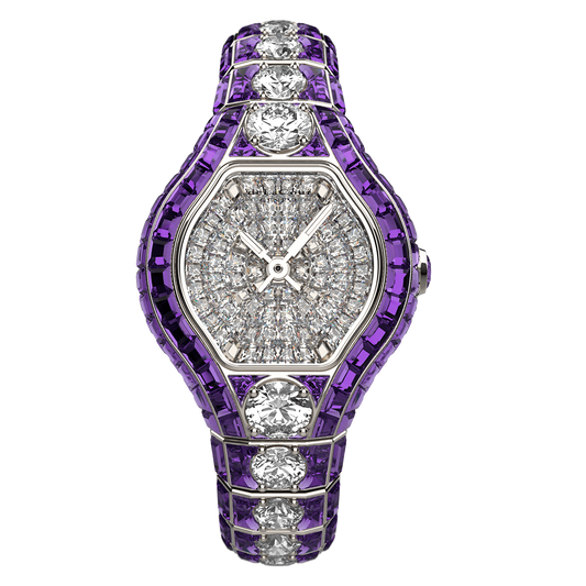 City Glamour Amethyst & Diamond Center White Gold Watch