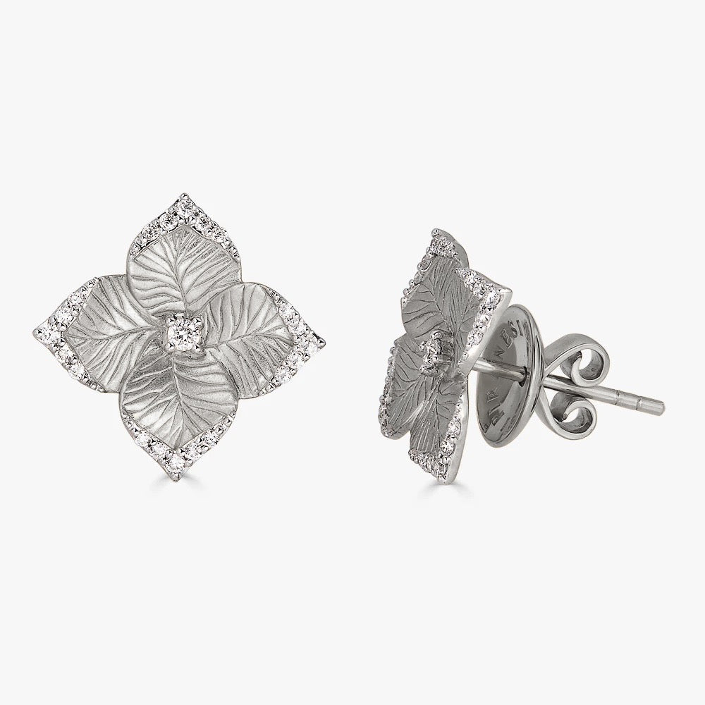 White Gold Oro Fiore Small Flower Earrings With Diamonds