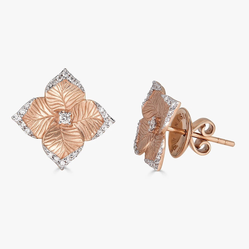 Rose Gold Oro Fiore Small Flower Earrings With Diamonds