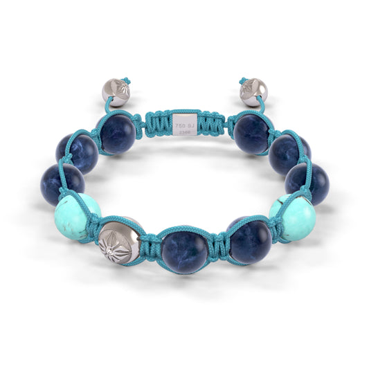 White Gold Diamond Turquoise & Blue Sapphire 10mm Bead Braided Bracelet
