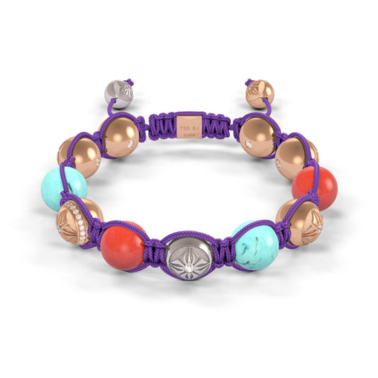 Rose & White Gold Diamond Turquoise & Coral 10mm Bead Braided Bracelet