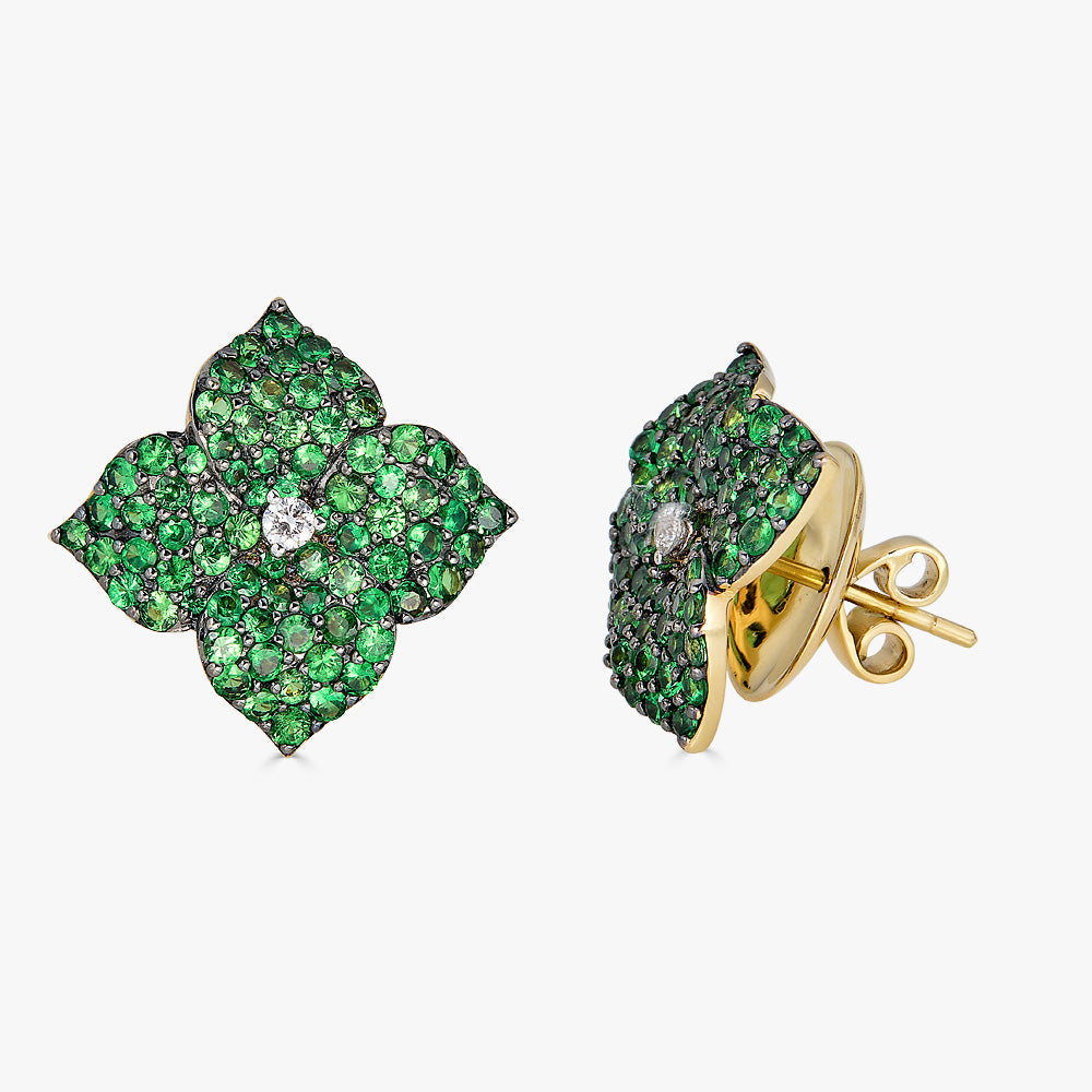 Black Gold Fiore Large Flower Earrings - Tsavorite