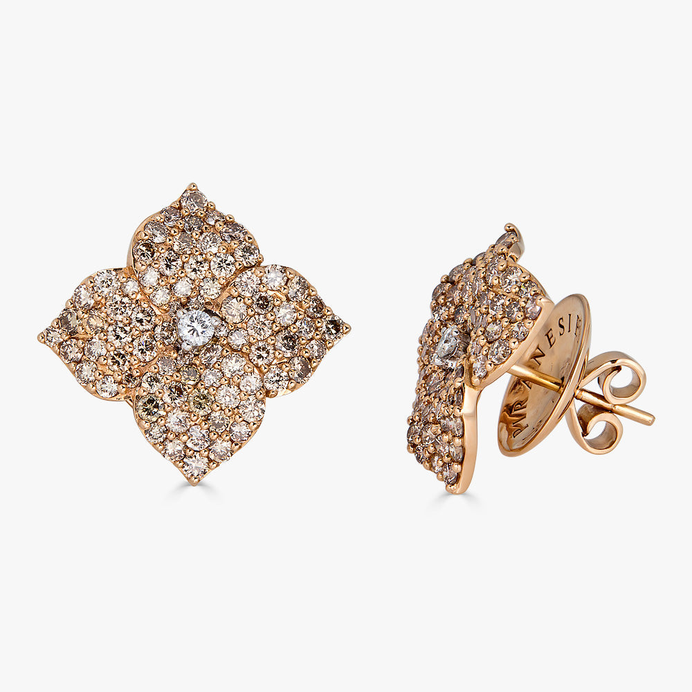 Rose Gold Fiore Small Flower Earrings - Champagne Diamond