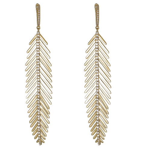 Yellow Gold Long Feather Earrings