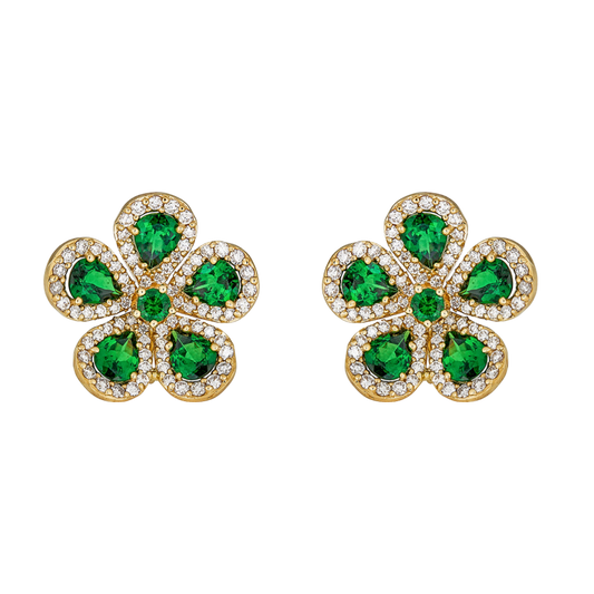 Yellow Gold Classic Flower Earrings - Tsavorite