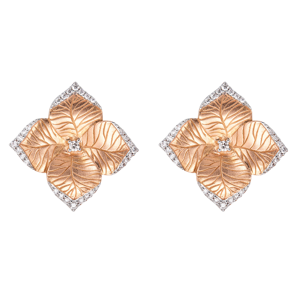 Rose Gold Oro Fiore Large Flower Earrings With Diamonds