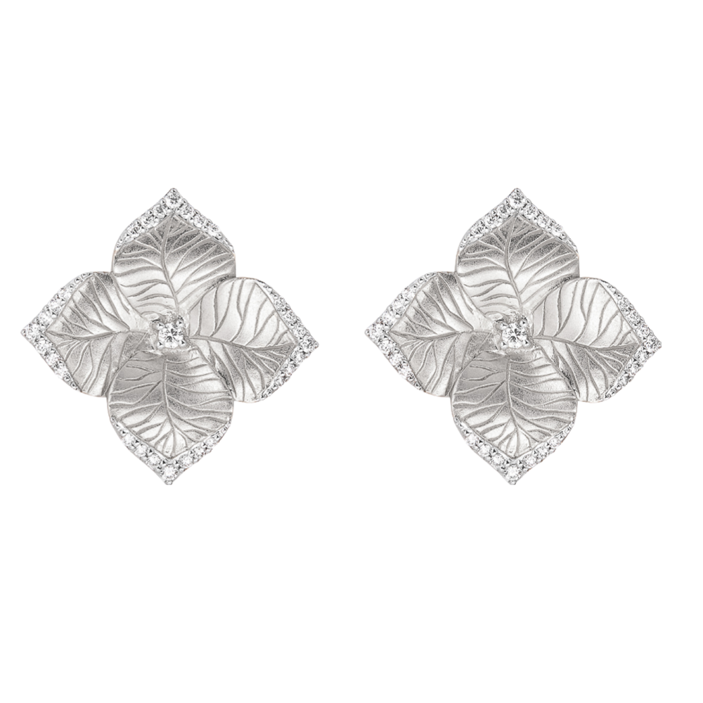 White Gold Oro Fiore Large Flower Earrings With Diamonds