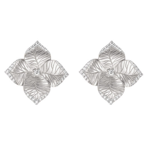 White Gold Oro Fiore Large Flower Earrings With Diamonds