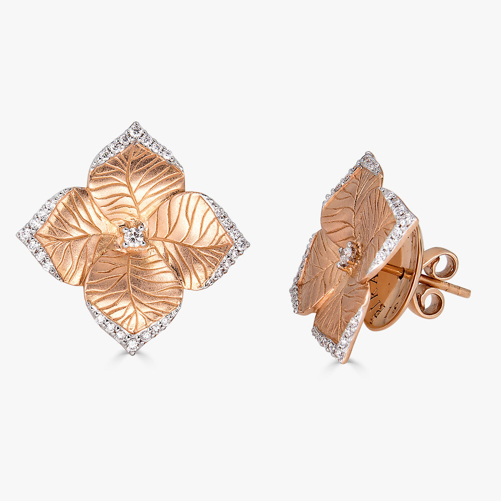 Rose Gold Oro Fiore Large Flower Earrings With Diamonds