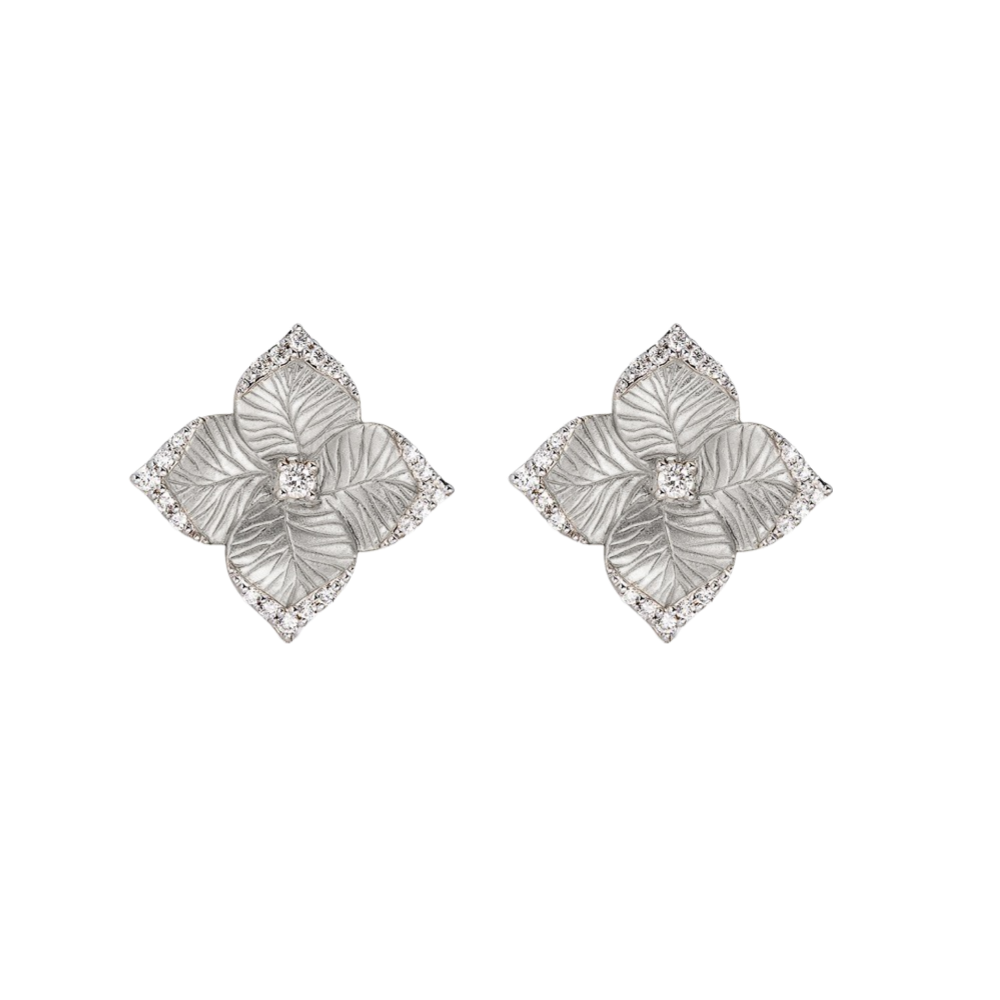 White Gold Oro Fiore Small Flower Earrings With Diamonds