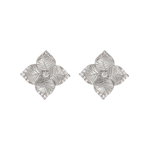 White Gold Oro Fiore Small Flower Earrings With Diamonds
