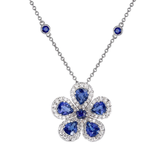 White Gold Classic Flower Large Necklace - Blue Sapphire