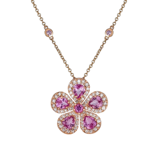 Rose Gold Classic Flower Large Necklace - Pink Sapphire