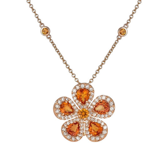 Rose Gold Classic Flower Large Necklace - Orange Sapphire