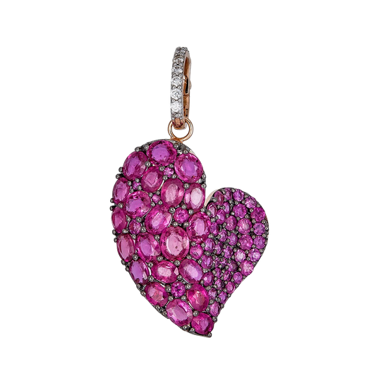 Black Gold Wave Heart Large Pendant - Pink Sapphire