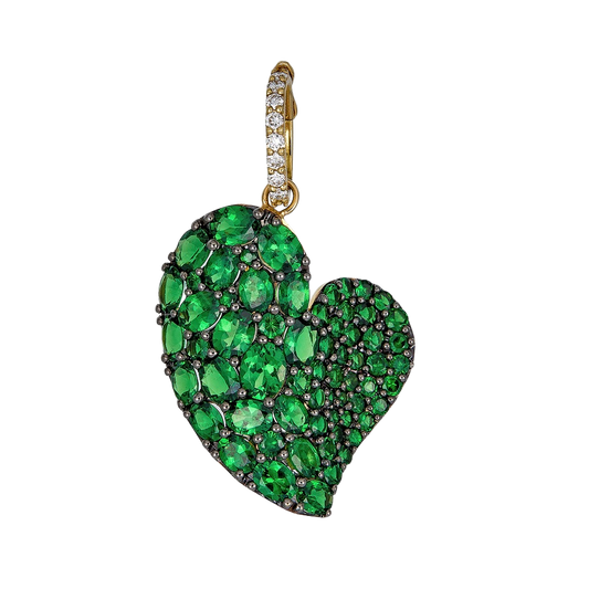 Yellow Gold Wave Heart Large Pendant - Tsavorite