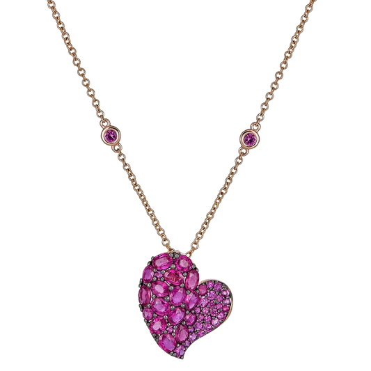 Rose Gold Wave Heart Medium Necklace - Pink Sapphire