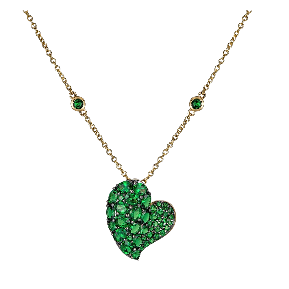 Yellow Gold Wave Heart Medium Necklace - Tsavorite