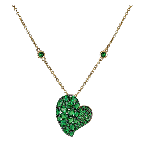 Yellow Gold Wave Heart Medium Necklace - Tsavorite