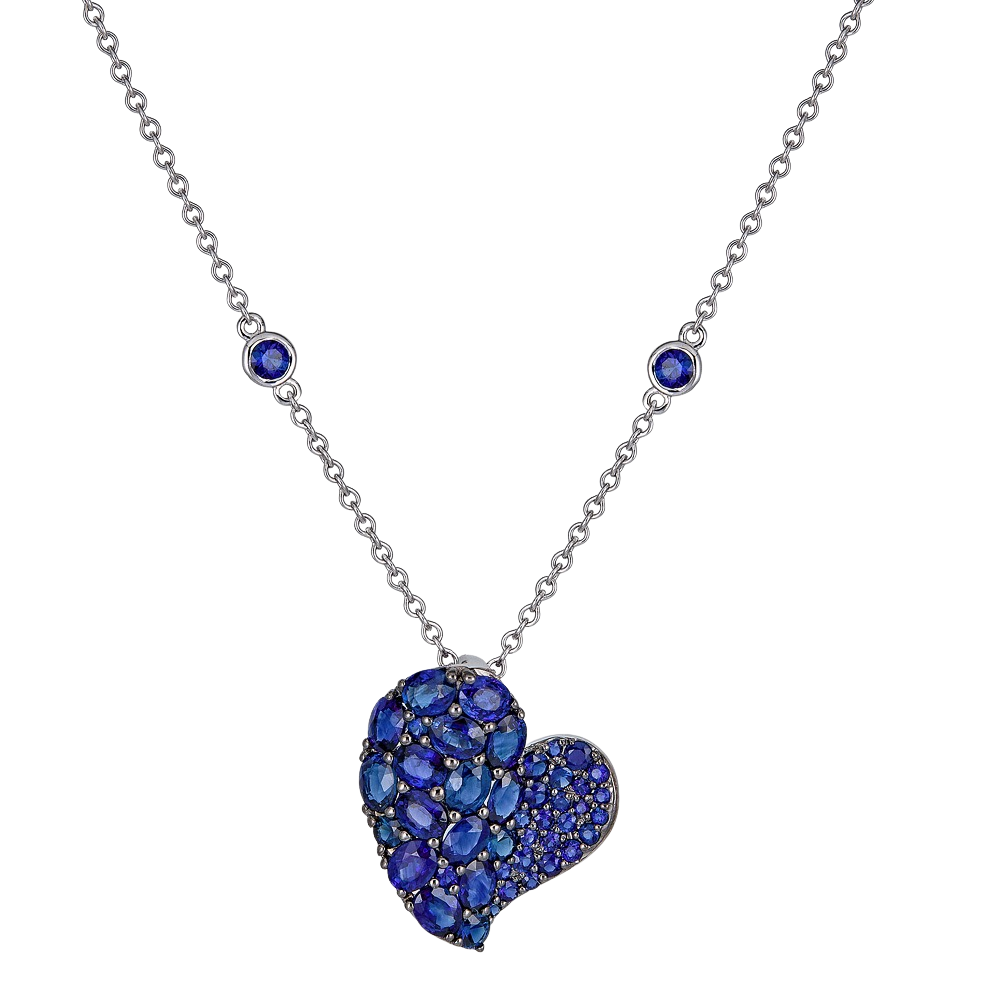 White Gold Wave Heart Medium Necklace - Blue Sapphire