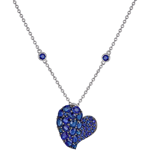 White Gold Wave Heart Medium Necklace - Blue Sapphire